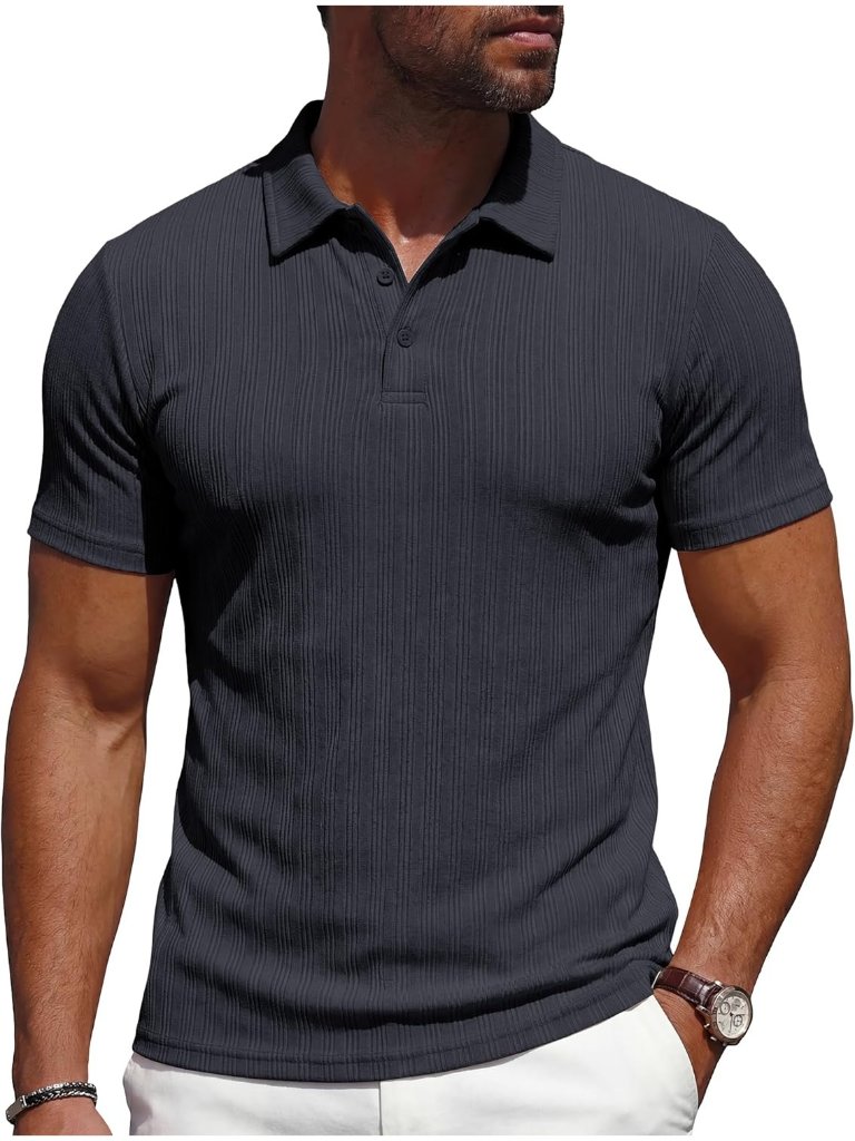 Men's Dark Gray Polo Textured Knit Button Short Sleeve Casual Golf Shirts